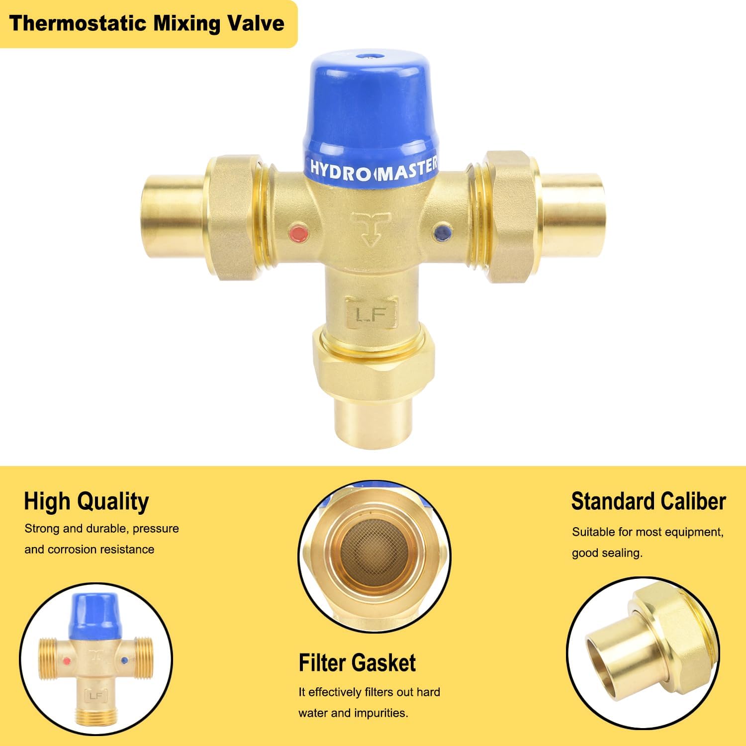 Hydro Master Thermostatic Mixing Valve, LF Brass Construction, Temperature Control, 3/4 Inch Sweat