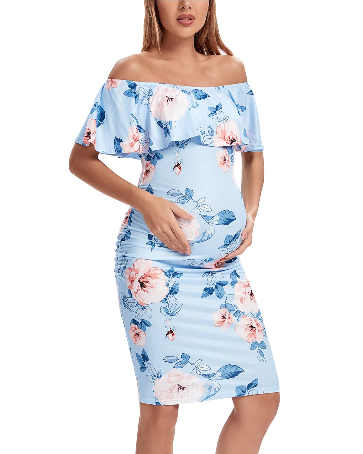 Shen&Qege Umstandskleid Lässig mit Schulterfreiheit, Rüschen, ärmellos, Bodycon, Umstandsmode Sommer