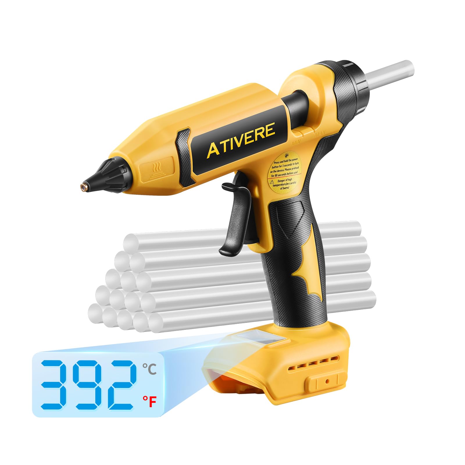 Pistolet à colle chaude sans fil 100 W compatible avec batterie DeWalt 20 V (outil uniquement), pistolet à colle numérique sans fil amélioré à température réglable avec 10 bâtons de colle de
