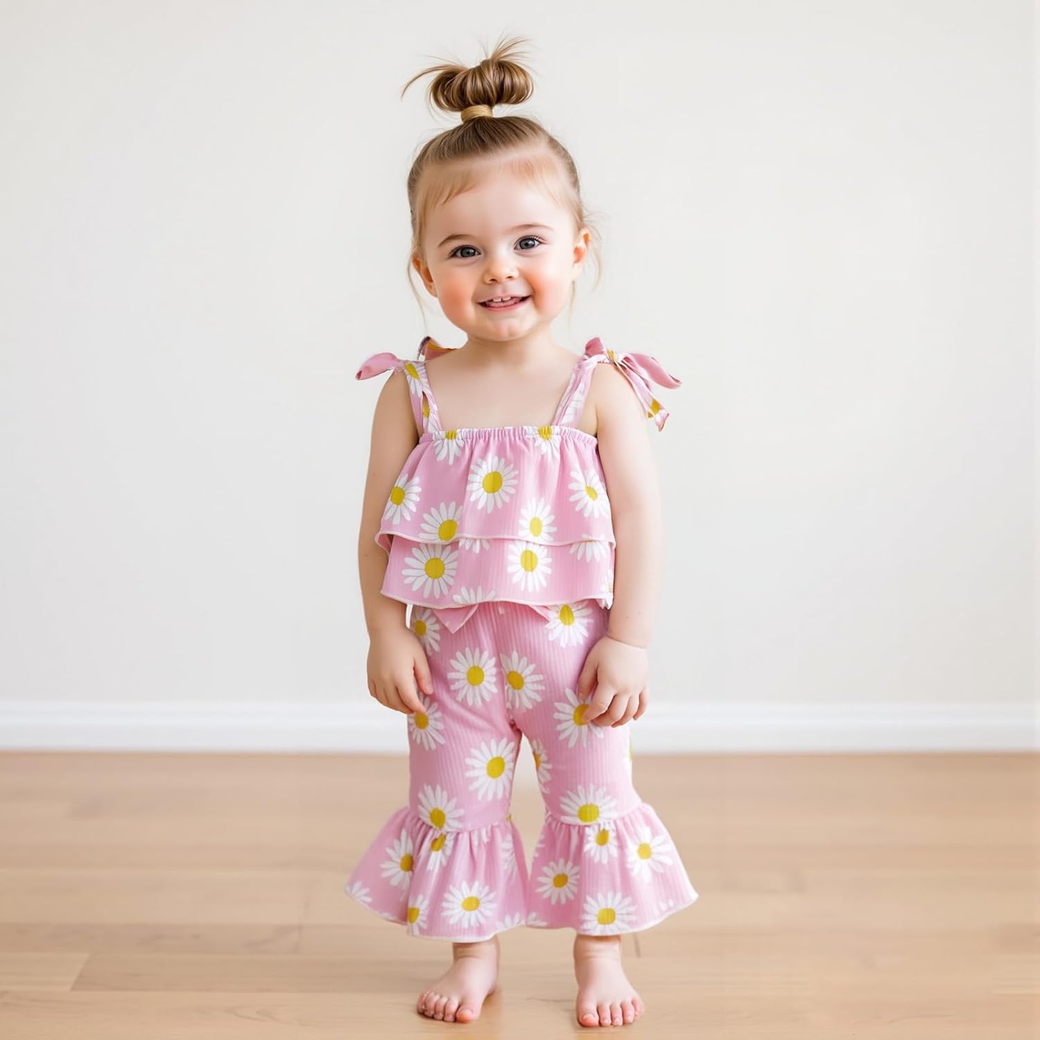 Lefyira Toddler Daisy Bell Bottoms Outfit Floral Crop Top Ruffle Strap Camisole Floral Flare Pants Baby Girl Summer Clothes - Image 2