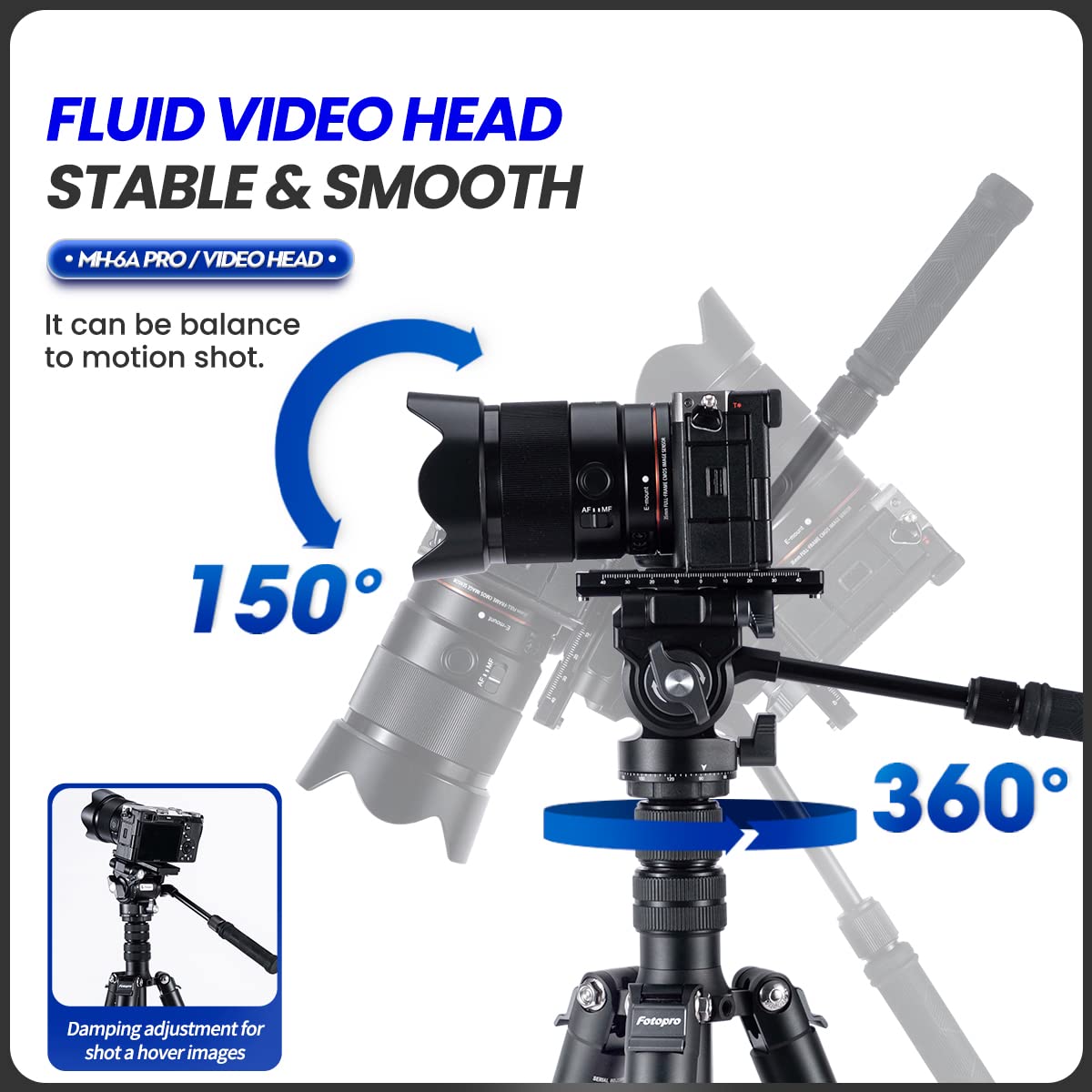 Fotopro MH-6A Pro Tête panoramique fluide pour trépied de caméra vidéo avec plaque QR, pour filmer le vlogging en direct et vidéo