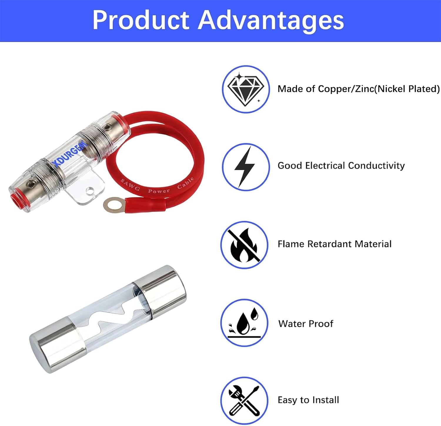 100A AGU Fuse Holder with 8 Gauge AWG 1ft Power Wire - 99.9% Oxygen-Free Copper,for Car Audio, Alarm, Amplifier, Compressors