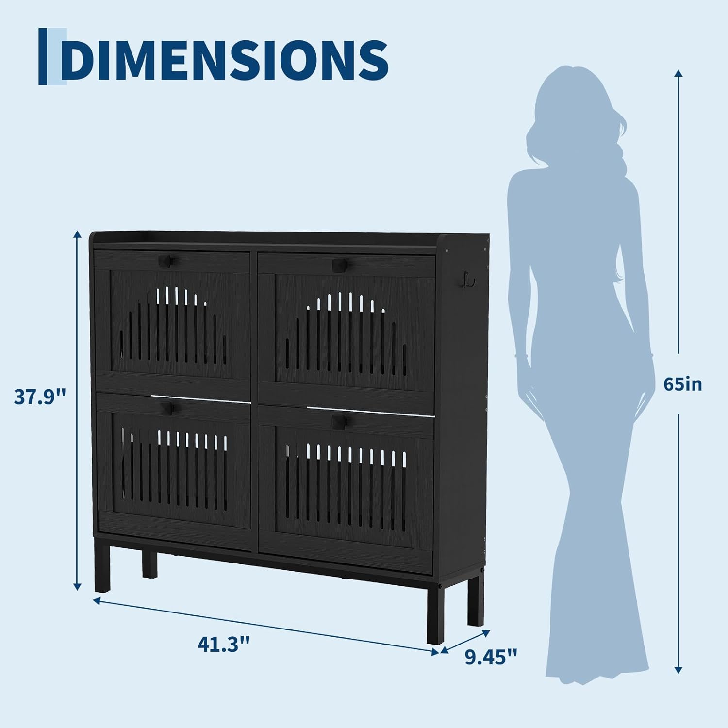 4-Door Flip Front Shoe Cabinet with Adjustable Shelves – Hidden Entryway Storage Organizer for Hallway, Foyer, Living Room – Freestanding Wooden Shoe Rack with Large Capacity & Modern Design, Black