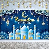Ramadan Mubarak Decorations Backdrop Banner, Sign Photo Booth Background for Home Muslim Ramadan Kareem Eid Al Fitr Party Supplies (Blue)