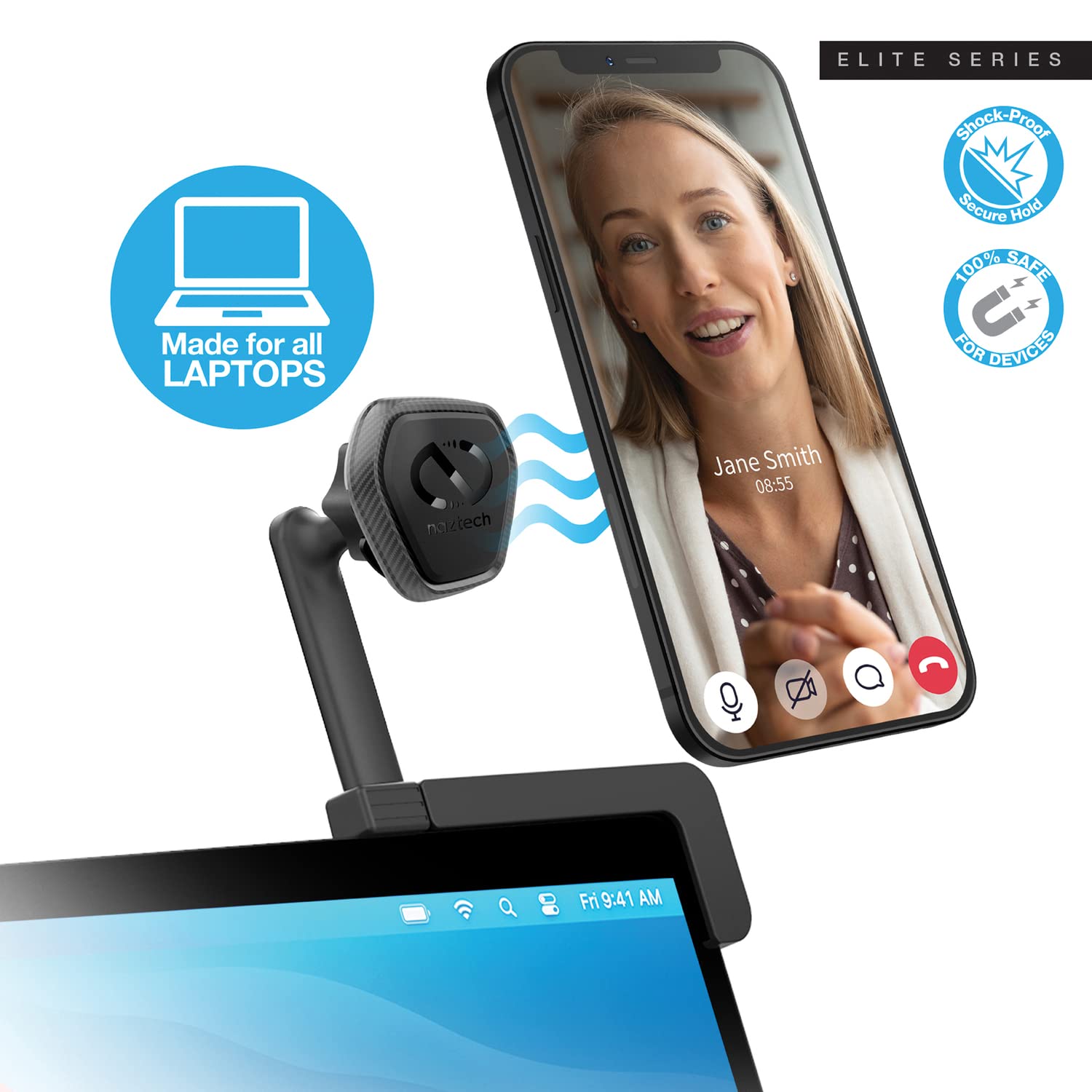 Naztech MagBuddy Elite Laptop Cell Phone Holder Mount [Hands Free Eye Level] Easy Access Home Office Meetings & Calls Universal for iPhone Galaxy & More [Black]