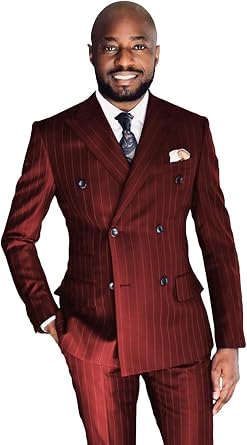 Wangyue Mens Pinstripe Suit 2-Piece Set Double Breasted Business Casual Wedding Party Suit