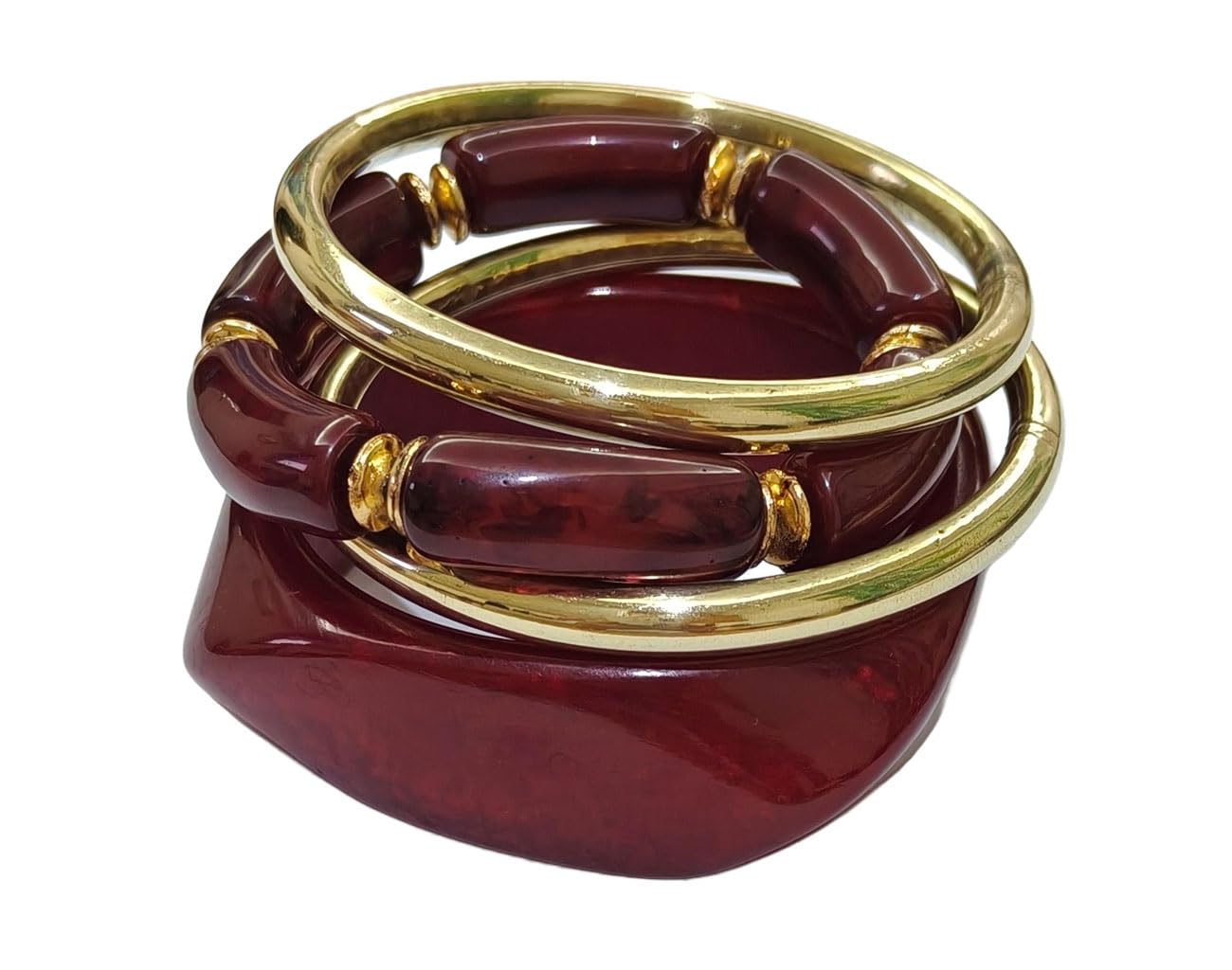 Fuschianet Accessories Resin Bangle, Bamboo Curved Beads Flexible Bracelet, Brass Golden Round 2, Stackable Bracelets for Women and Girls Set of 4-image-39