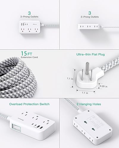 Miniatura 10 de Cable de extensión de 10 pies, cable largo de enchufe plano con múltiples tomas, 6 tomas de corriente y 4 USB (2 USB C) con protección contra