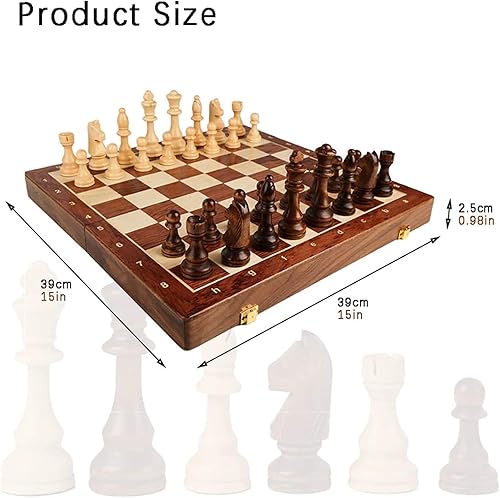 Miniatura 5 de Juego de ajedrez de 15 x 15 pulgadas, juego de ajedrez de madera de nogal con incrustaciones con tablero de ajedrez plegable, piezas de ajedrez