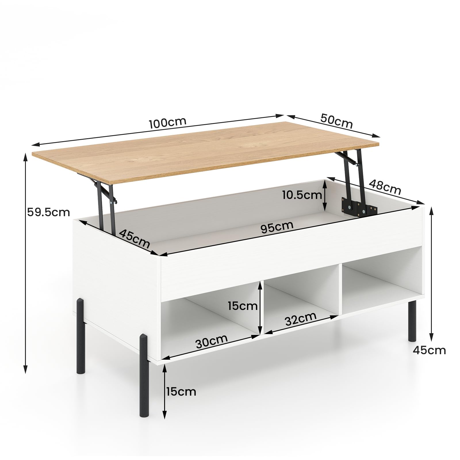 LIFEZEAL Table Basse Relevable avec Rangement Caché (Blanc+Naturel)