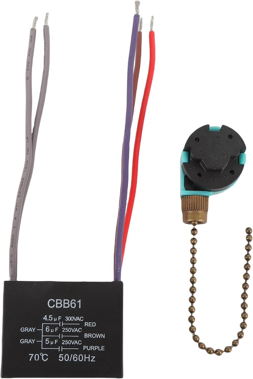 TOPINCN Ceiling Fan Pull Chain Switch 3 Speed 4 Wire, Ceiling Fan Capacitor CBB61 4.5uf 6uf 5uf 5 Wire, Ceiling Fan Pull Chain Cord Switch Replacement, Light Switch for Fan & Light