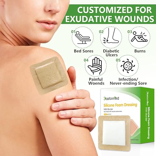 Miniatura 2 de Apósito de espuma adhesiva de silicona con borde suave de 3 x 3 pulgadas, paquete de 10 vendajes de espuma de alta absorción para heridas de cama,