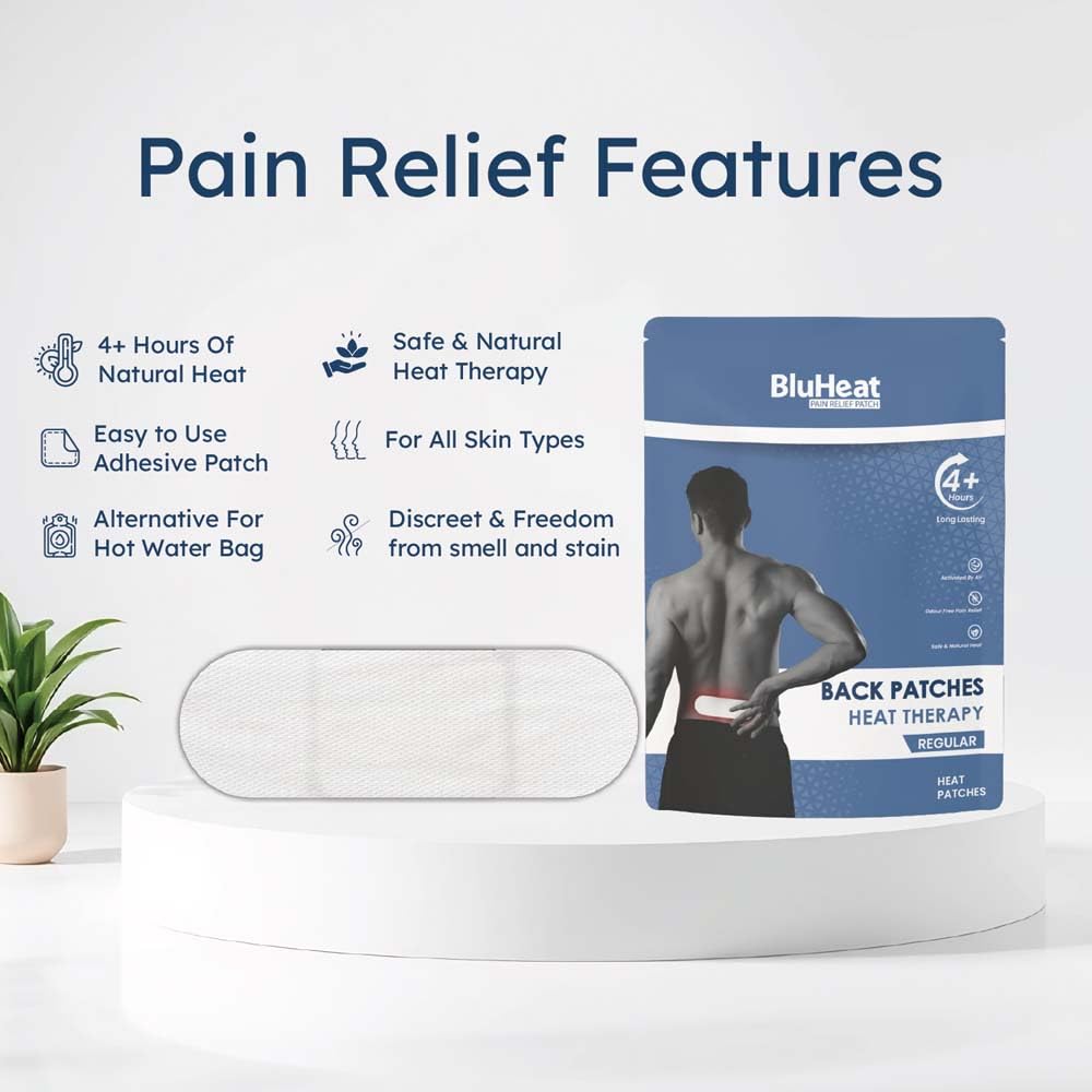 BluHeat Back Pain Relief Patches (pack of 4 pcs REGULAR) 4+ hours of Heat Therapy || Safe and Natural Odour-Free Air-Activated, Long-Lasting Ultimate Substitution for Hot Water Bags for All Skin Types 1