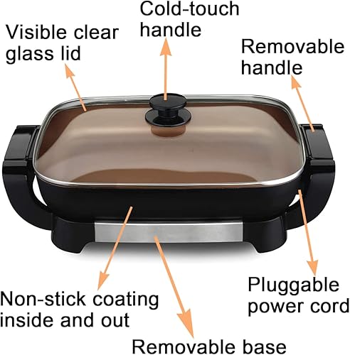 Miniatura 5 de Sartén eléctrica de cerámica con tapas, con sartén extraíble, temperatura ajustable y diseño reversible, Nozaya