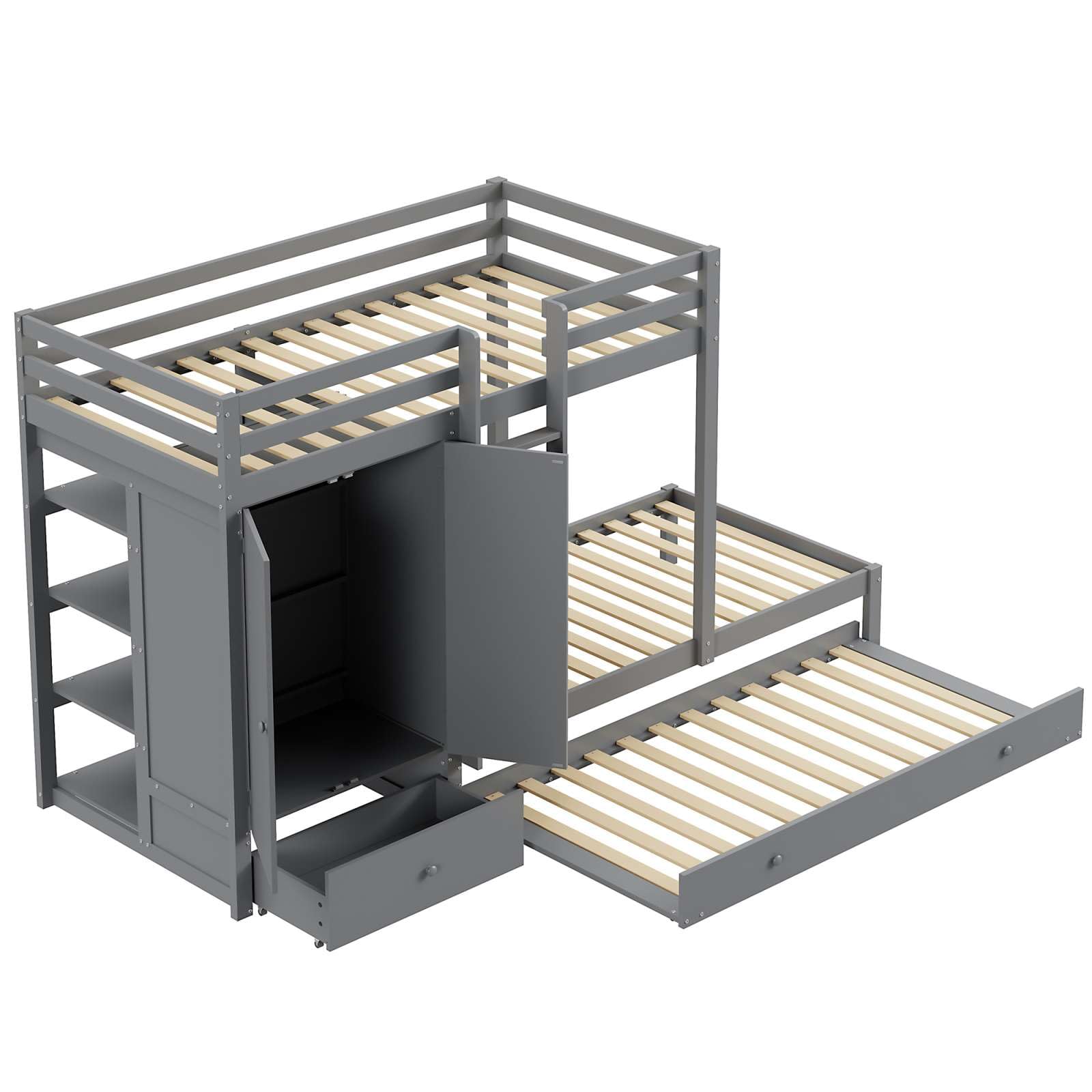 Lit superposé en Bois Massif 90x200cm,lit d'enfant avec lit escamotable,lit Multifonctionnel avec Armoire, tiroirs et étagères de Rangement(sans Matelas) (Gris)
