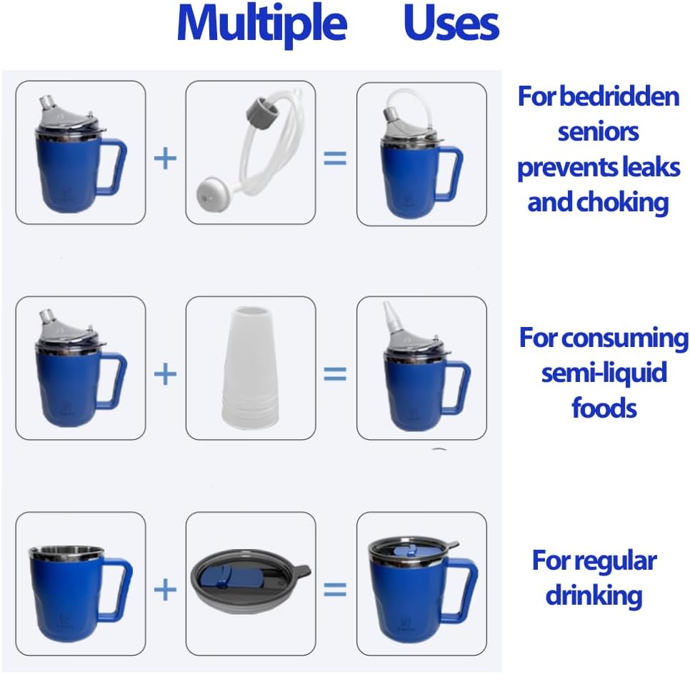 13.5oz Spill Proof Cups for Elderly, 3 in 1 Stainless Steel Sippy Cup with Straw and 2 Lids for Adults, Great for Water, Milk, Soup, Health & Household Supplies - Image 3