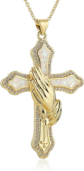 Hzman 祈りの手十字架ネックレス 女性用 14k 金メッキ キュービックジルコニア 祈りの手 ペンダント クリスチャン ジュエリー ギフト, 真鍮, キュービックジルコニア