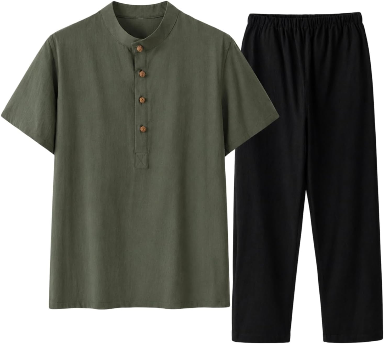 Men's Cotton Tang Suit Set Stand Collar Short Sleeve Shirt with Frog Buttons Loose Casual 2 Piece Outfit