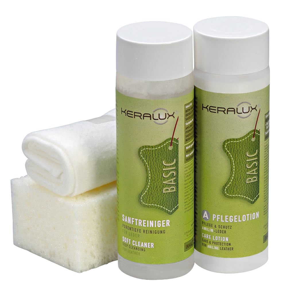 KERALUX 4-teiliges Lederpflegeset A für Anilinleder, 200 ml Reiniger, 200 ml Pflege, Schwamm, Tuch. Mit Imprägnierung und Lichtschutz