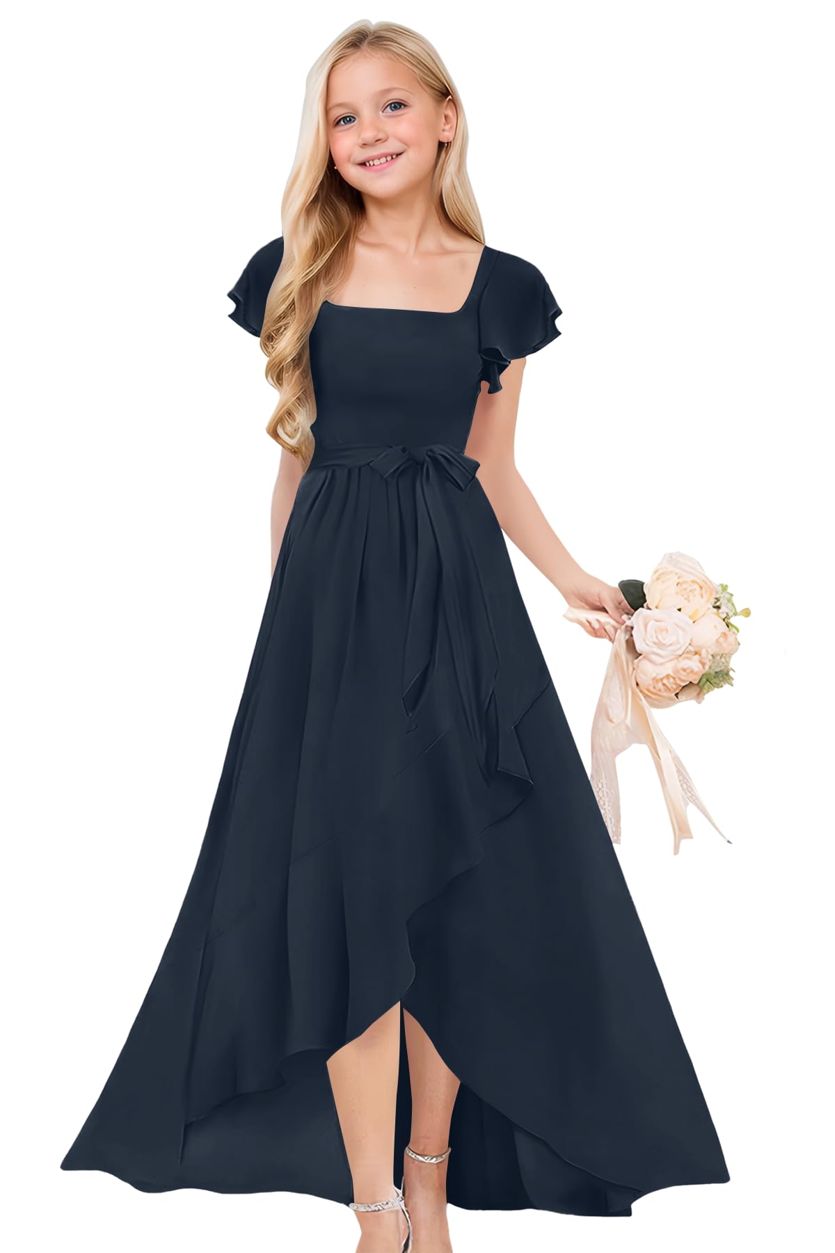 wyxis Short Sleeves Junior Bridesmaid Dresses for Teen Girls Chiffon Flower Girl Dress for Wedding Party Pageant Gown