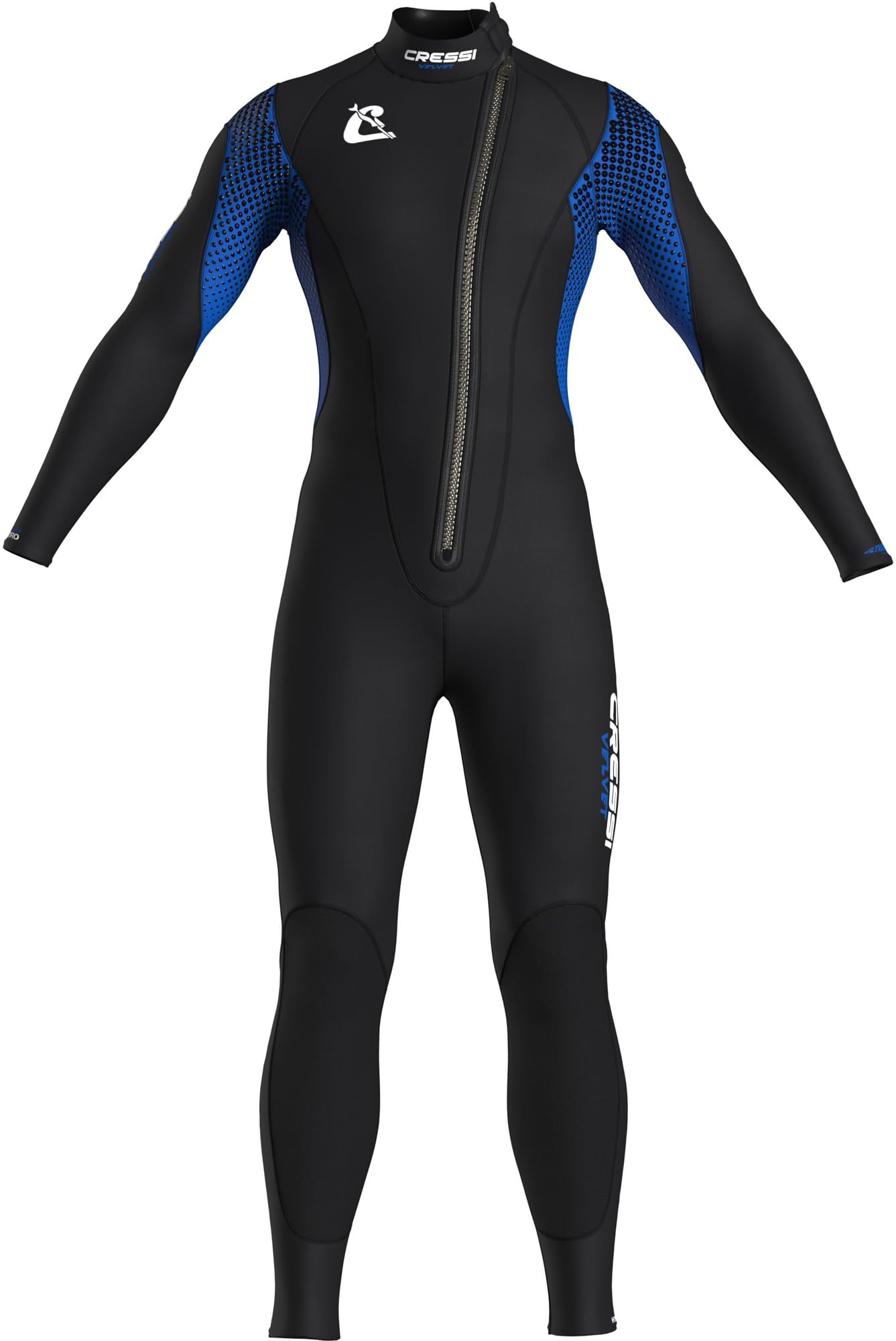 CRESSI since 1946 Velvet Man-3mm Ultra Stretch Double-Lined Neoprene One-Piece Wetsuit with Diagonal Front Zipper for Easy Dressing and Undressing-Black/Blue-S/2