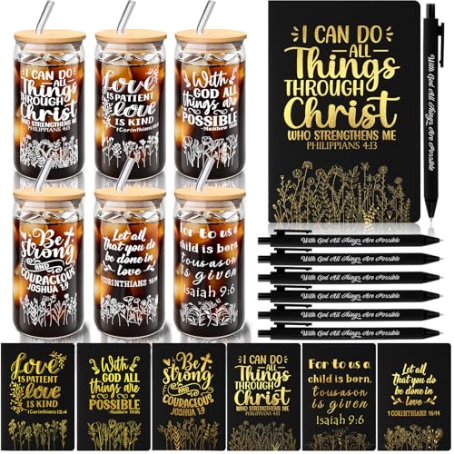 Reallnaive 18 Pcs Christian Gifts Set for Father 16oz Inspirational Glass Cups with Bible Verse Faith Notepads Pens Bulk Religious Gifts for Church Prayer Birthday Father's Day Favor(Elegant Colors)