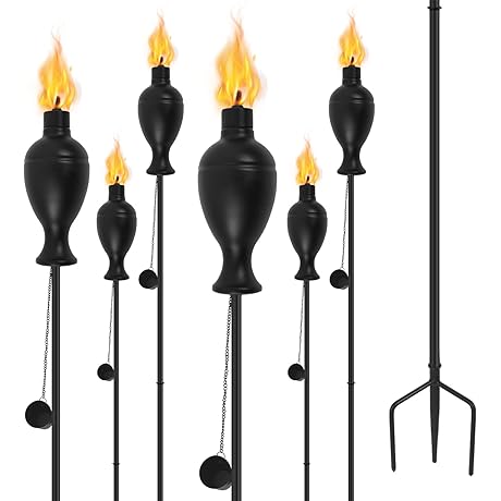 6 Pack Metal Torches for Outside, citronella Torches with 3-Prong Grounded Stake