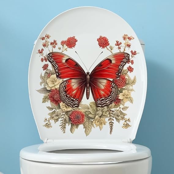 Red Butterfly Flower Toilet Cover Sticker Decals,Fish Bird Flower Leaf