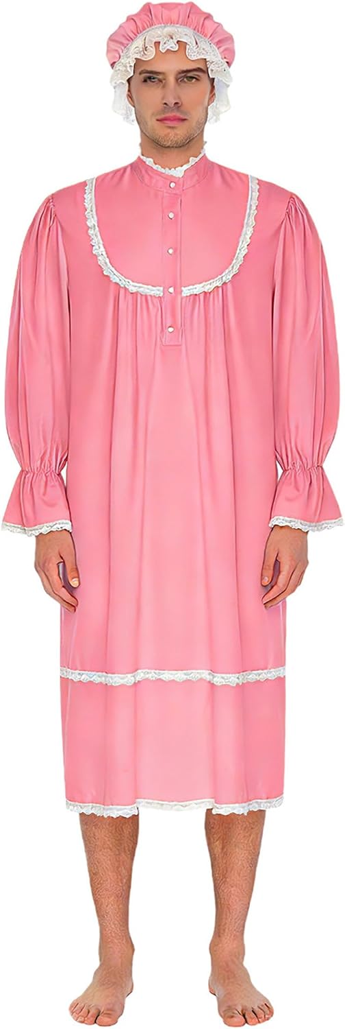 Jugaoge Adult Victorian Pajamas Set for Men Muslim Thobe Nightgown with Sleeping Cap Nightwear