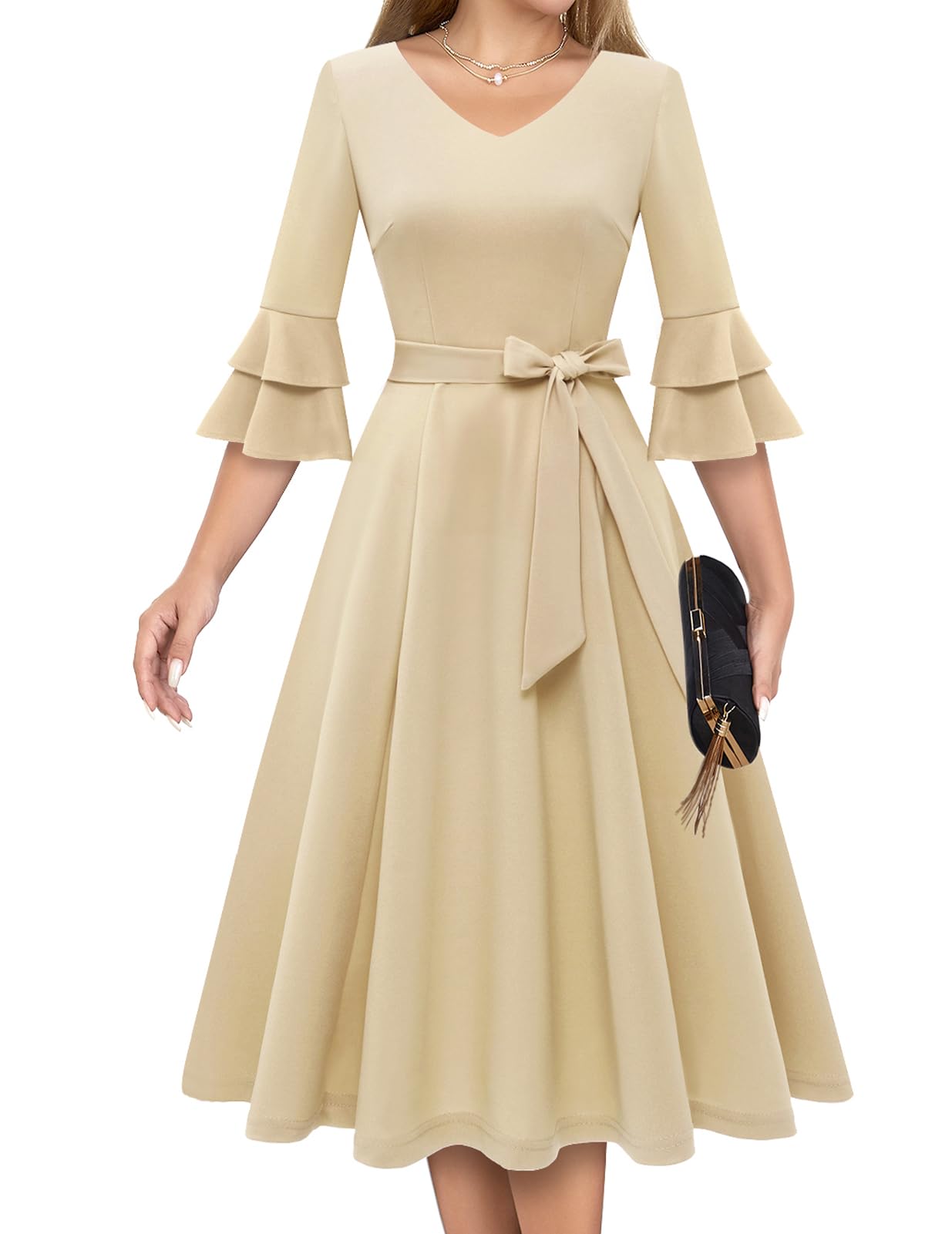green emerald velvet dress La Femme Women's Tea Length Dress in Champagne | 16