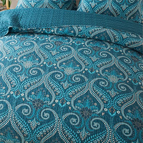 NEWLAKE Cotton Bedspread Quilt Sets-Reversible Patchwork Coverlet Set, Turquoise Classic Royal Pattern, Queen Size