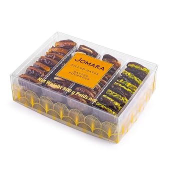 Jomara Premium Dates Mix Pack 4 نكهات | 28 أوقية / 800 جم | تواريخ طبيعية مليئة بقشر البرتقال أو البقان بالكراميل أو اللوز المحمص أو الفستق | فاكهة مجففة صحية للوجبات الخفيفة | مصدر طبيعي