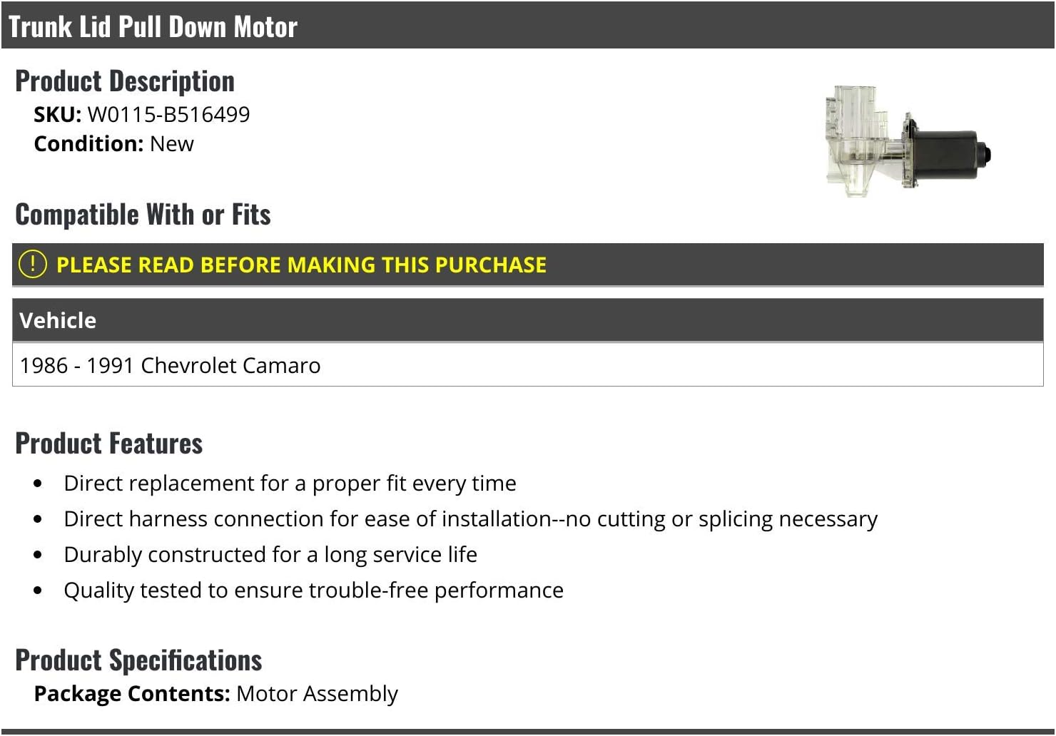 Marketplace Auto Parts Trunk Lid Pull Down Motor - Compatible with 1986-1991 Chevy Camaro