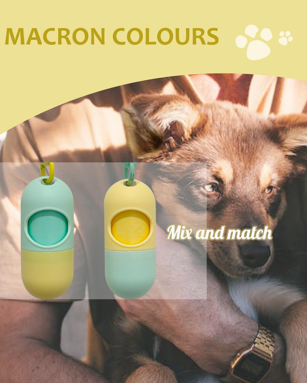 SHAOUMAN 2-Pack Macaron-Colored Dog Poop Bags Holders - High-Waisted Dog Waste Dispenser with 2 Rolls of Dog Waste Bags, Lanyards & Used Poop Bags Clip - Capsule-shaped Mix&Match(Blue/Yellow) - Image 2