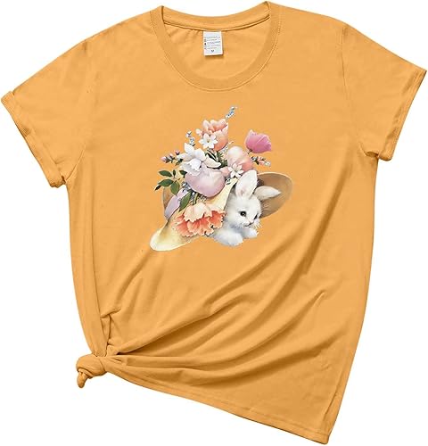 2023 Summer Rabbit Graphic Short Sleeve Tops Flower Round Neck Flowy Tunic Club Tees