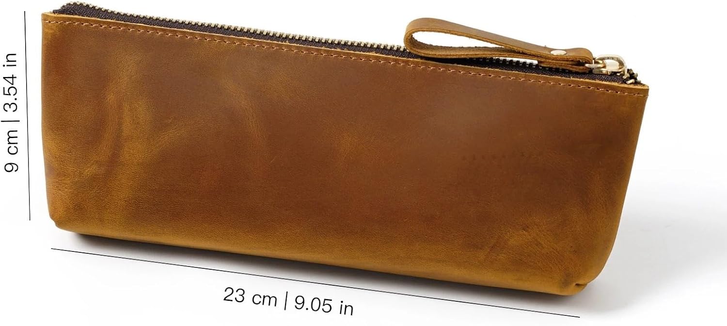 Genuine Leather Zipper Pencil Case, Large-Capacity Rollerball Pen Bag for Notebooks & Journals, School Office Travel Organizer(Blue)