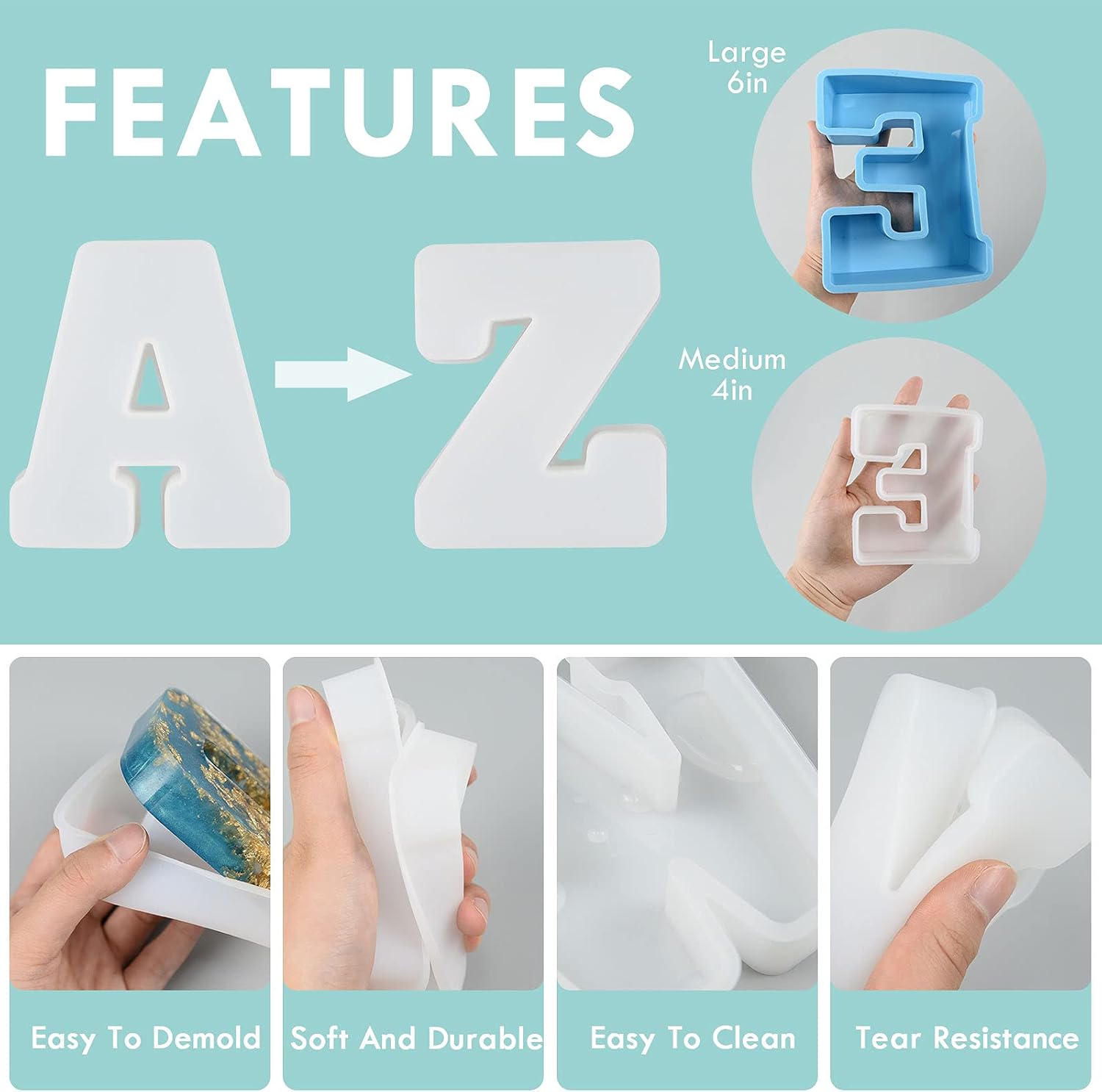 Large Letter Molds for Resin, 4 Inch 3D Silicone L Capital Alphabet Epoxy Resin Molds, A to Z Big Resin Letter Molds for Making Letters, Extra Giant Molds, Home Party Decoration, Art Craft Ornaments