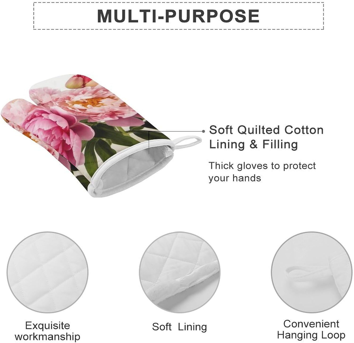 2 Pcs Oven Mitts Heat Resistant Kitchen Gloves Soft Safety Peony Flowers Blossom Oven Glove for Microwave, Barbecue