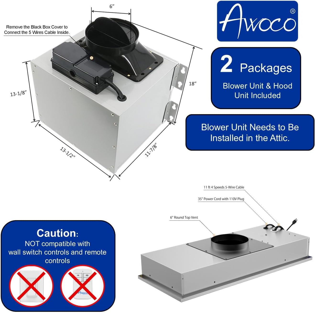 Awoco 11-3/4"D Super Quiet Split Insert Stainless Steel Range Hood, 4-Speed, 800 CFM, LED Lights, Mesh Filters with 6" Blower (30"W 6" Vent)