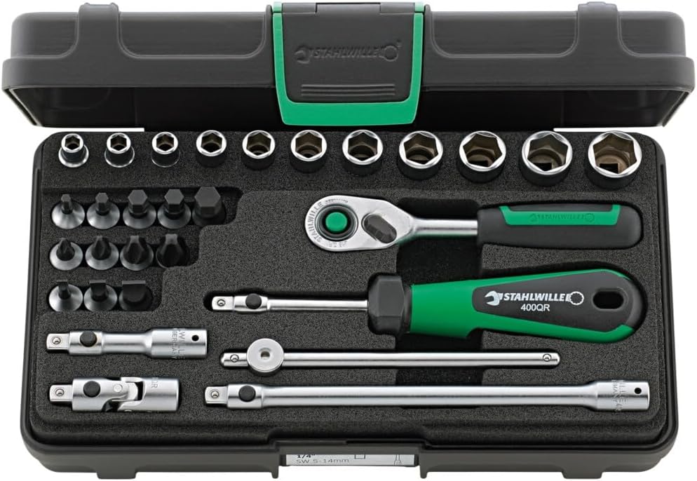 Stahlwille 96011137 1/4" Hex Socket Set with Inhex, Slotted & Cross-head Sockets and Ratchet, 29 Piece Set (3mm-14mm) in ABS Plastic Case, for Heavy-duty Applications, Made in Germany