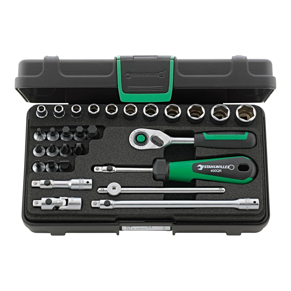 Stahlwille 96011137 1/4" Hex Socket Set with Inhex, Slotted & Cross-head Sockets and Ratchet, 29 Piece Set (3mm-14mm) in ABS Plastic Case, for Heavy-duty Applications, Made in Germany