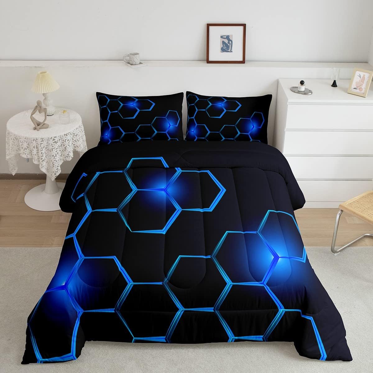 Honeycomb Kids Comforter Set Modern Geometry Hexagon Bedding Set for Boys Children Teens Bedroom Decor Geometrical Comforter Beehive Geometric Black Blue Duvet Set Queen Size with 3 Pillow C