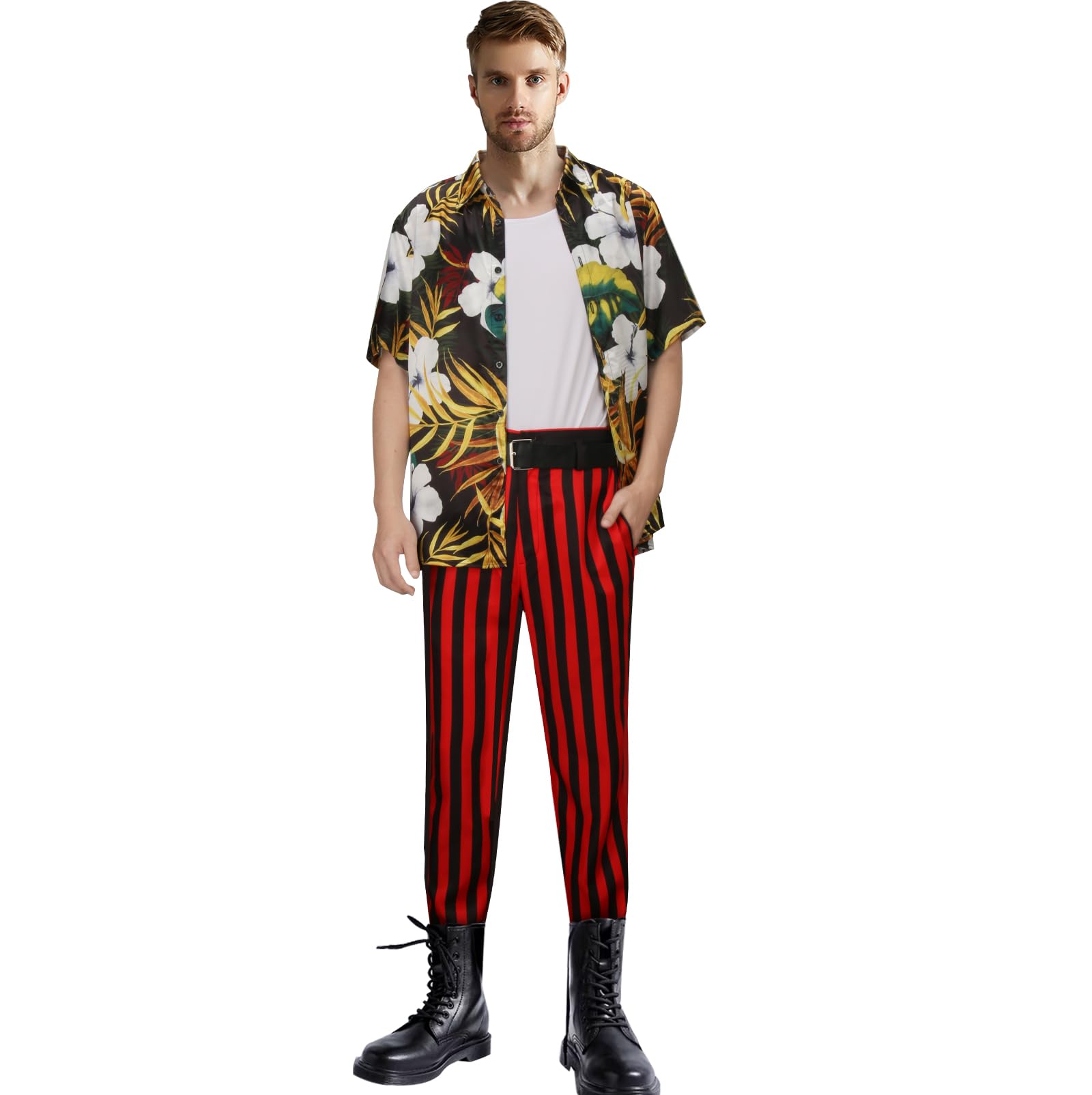 NUWINDMen's Pet Investigator Jim Carrey Movie Fancy Dress Hawaiian Shirt Red and Black Striped Pants Belt Vest Halloween Carnival Cosplay