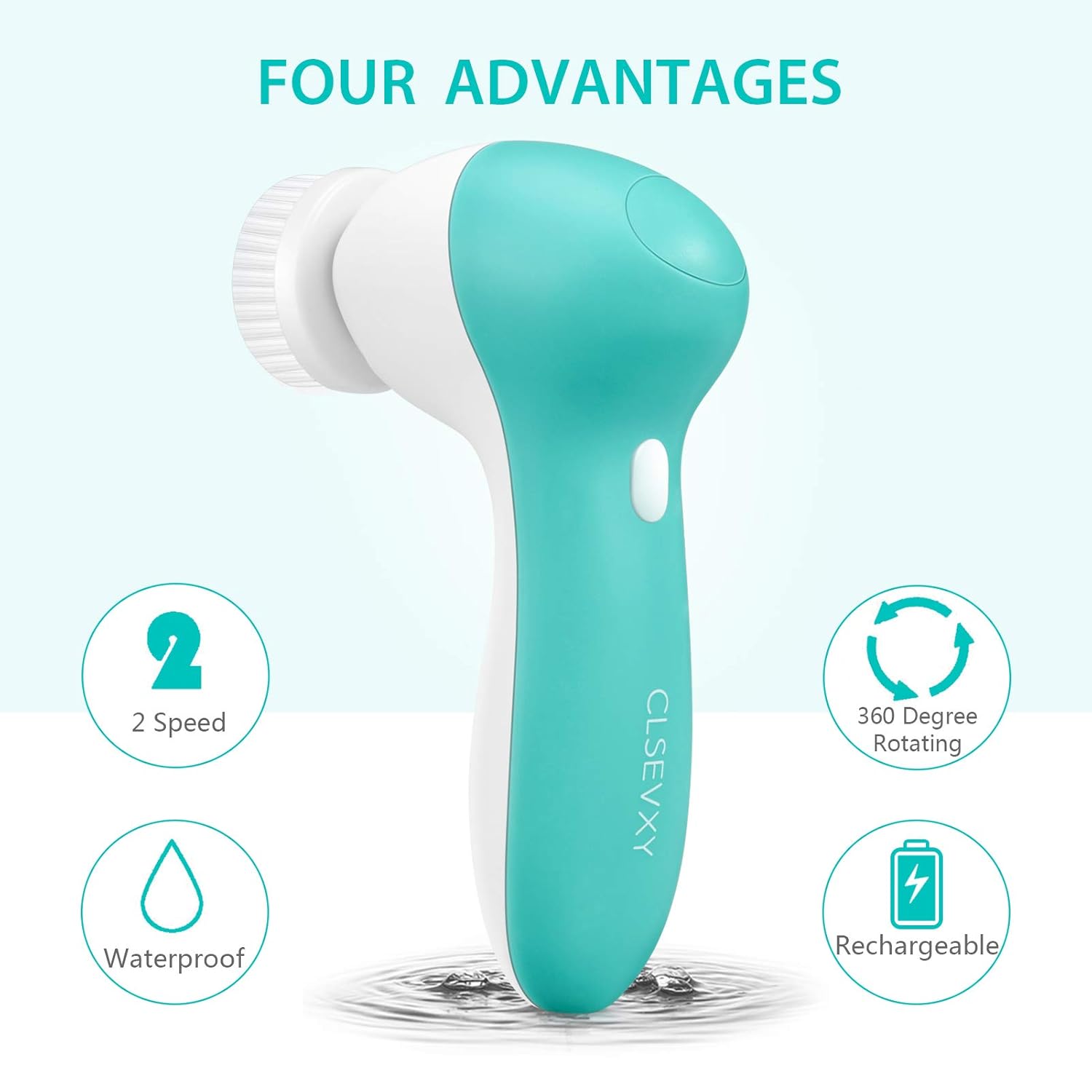 Rechargeable Facial Cleansing Spin Brush Set with 7 Interchangeable Brush Heads - Waterproof Face Spa System by CLSEVXY - Advanced Microdermabrasion for Gentle Exfoliation and Deep Scrubbing(Aqua) : Beauty & Personal Care