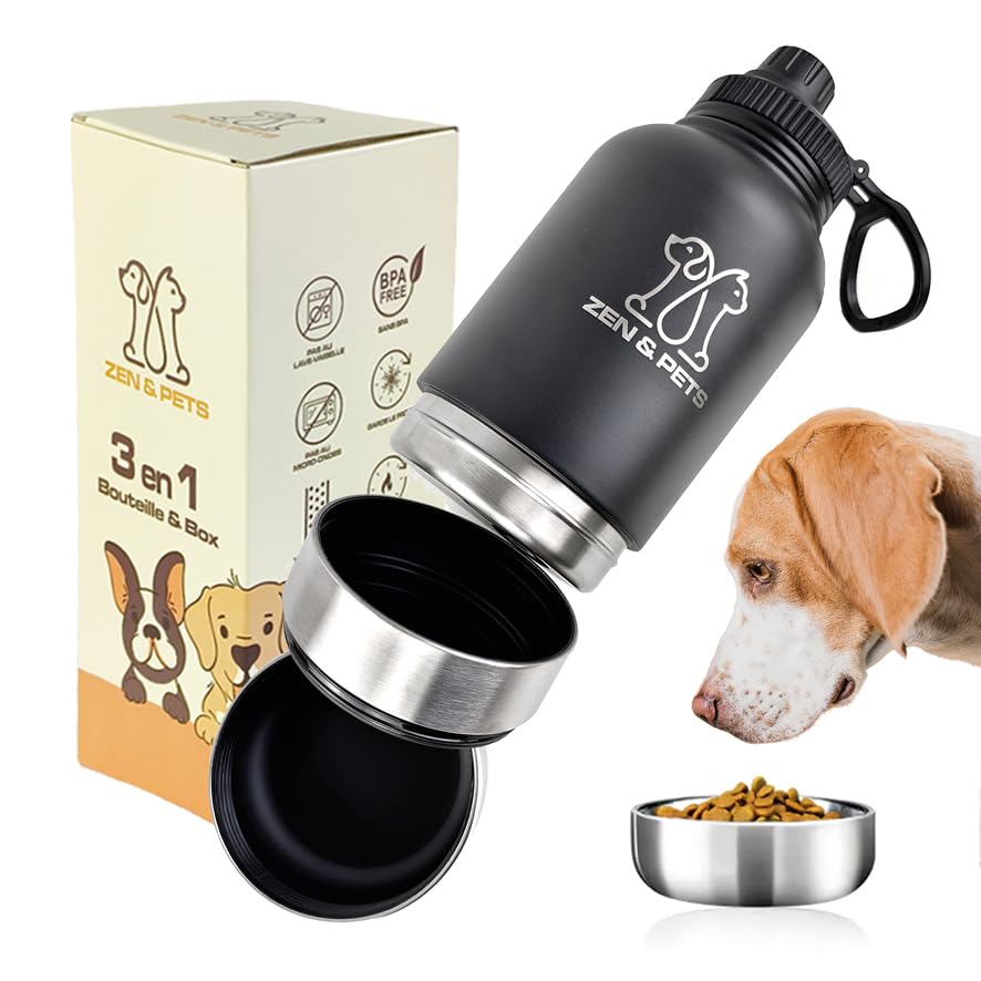 Gourde Chien Chat pour balades Vacances, Bouteille d'eau Chiens et Chats Voyage, Isotherme Acier Noir, gamelle pour Aliments, 3 Compartiments