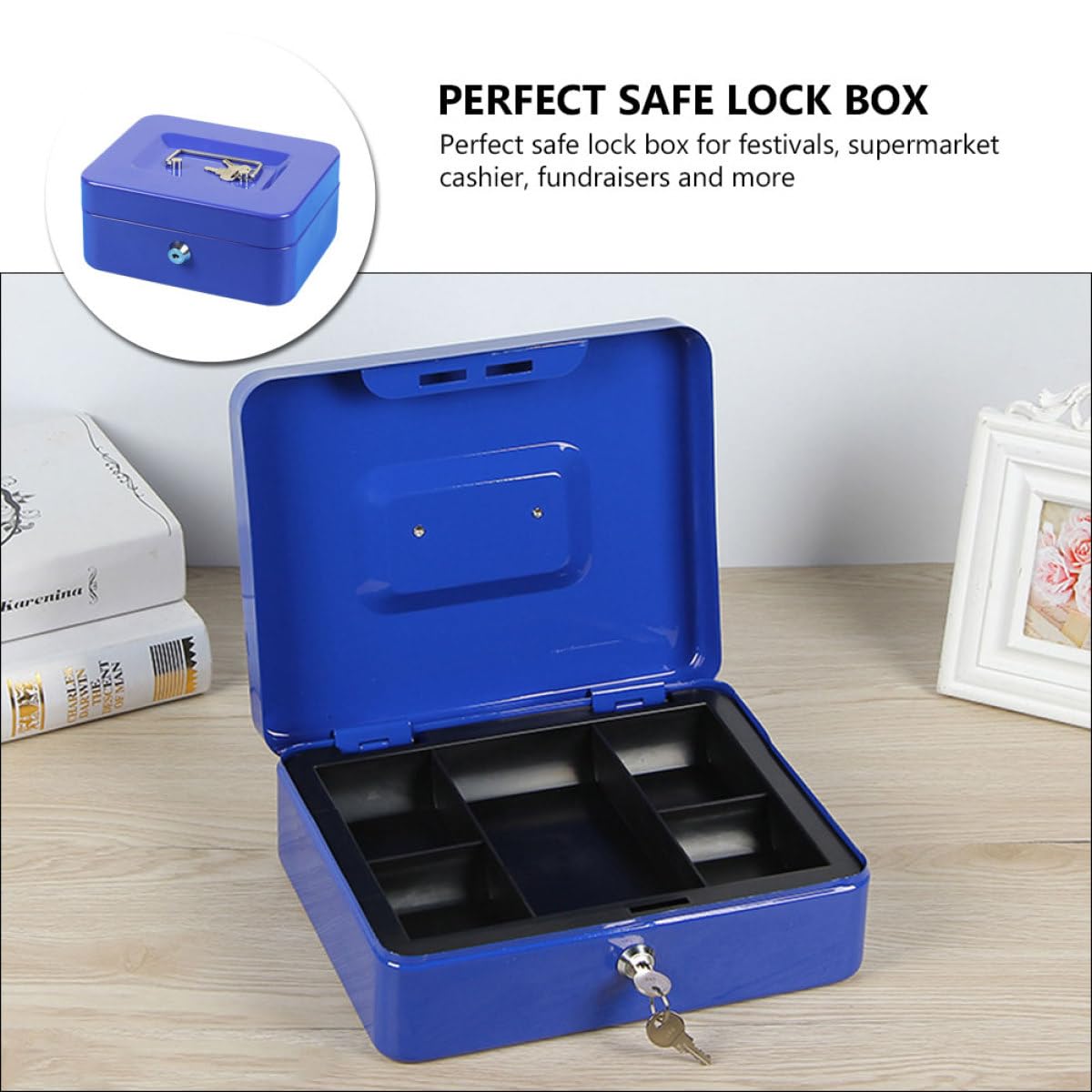 Boîte à Monnaie en Métal Bleue avec Serrure à Clé, Double Couche | Plateau Intérieur à Six Compartiments, pour Pièces, Bagues et Clés, Format Portable