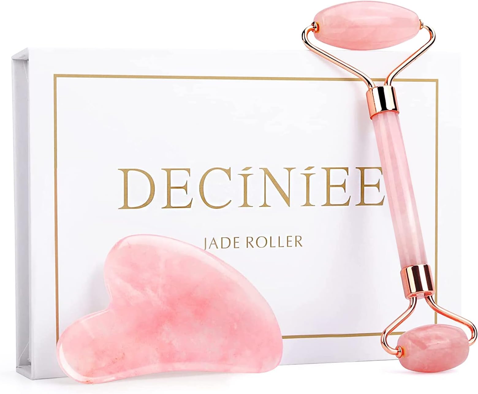 Deciniee Jade Roller and Gua Sha Tools Set - Anti Aging Rose Quartz Roller Massager - 100% Real Natural Jade Roller for Face, Eye, Neck - Beauty Jade Facial Roller for Slimming & Firming