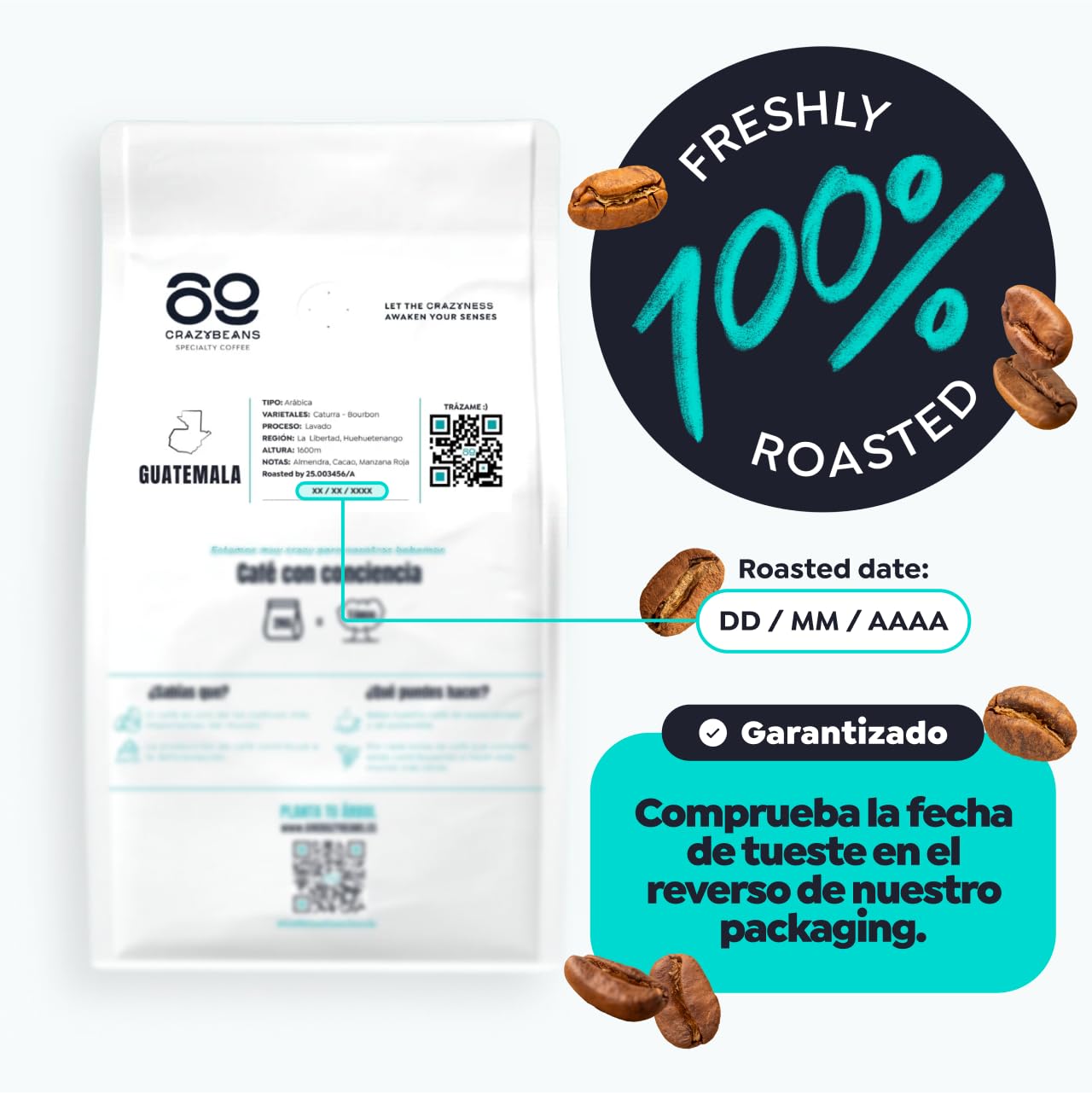 Cafe de Especialidad en Grano | Guatemala Caturra,Bourbon | 100% Arábica | Lavado con fermentación | 1600m | 84 puntos SCA | Huehuetenango,Guatemala | 500g | 69 CrazyBeans Specialty Coffee