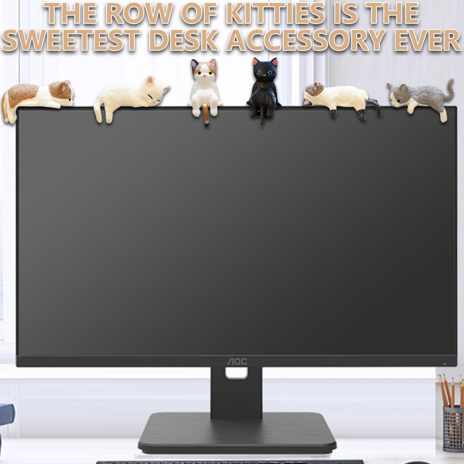 6 sztuk dekoracyjnych figurek kota, na monitor, biurko, dekoracja kota, mini figurka kota z żywicy, zestaw siedzących statuetek do biura, na ekran komputera, do samochodu, deski rozdzielczej