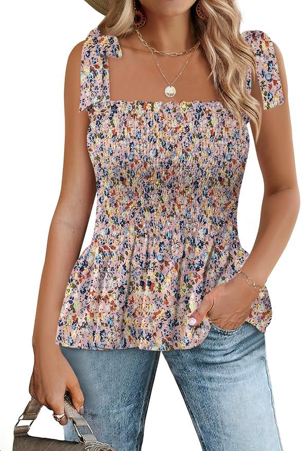 Micoson Ruffle Tank Tops for Women Summer Square Neck Sleeveless Tops Tie Shoulder Chiffon Blouse Babydoll Shirts